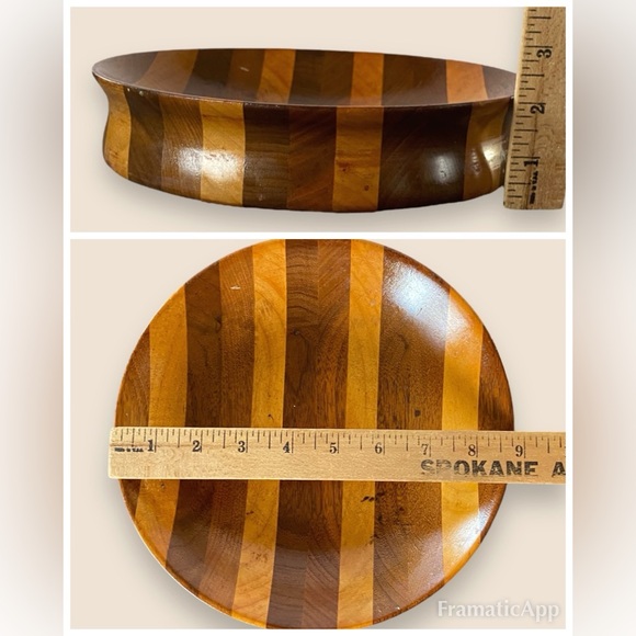 Vintage Handmade Hand Turned Wooden Bowl Pieced Striped Wood 8.75” - Picture 9 of 9